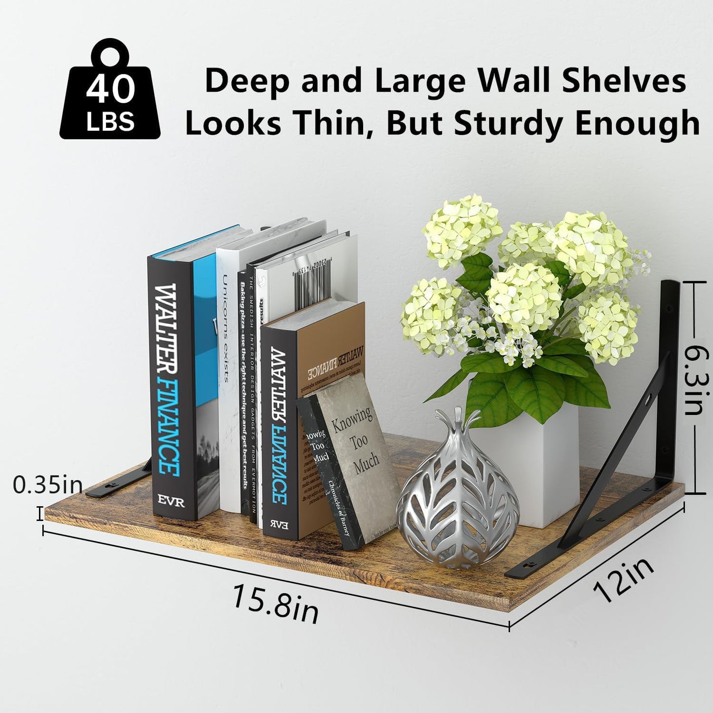 Deep Floating Wall Shelves - 4 Sets of 12 Inch Wide Black Wood Shelves for Bathroom, Bedroom, Kitchen, Living Room