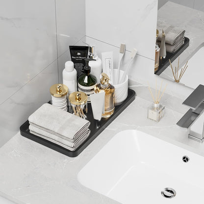 Bathroom Vanity Tray for Countertop - Bamboo Organizer Tray for Dresser Tops, Toilet, Perfume Small Decorative Tray Wood Tray for Home Decoration 11.81” L x 6.1” W x 0.79” H Black
