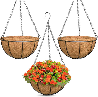 ZeeDix 2 Pack 14 Inch Hanging Baskets for Plants Outdoor, Metal Wire Round Planters with Coco Liner, Hanging Flower Baskets for Home Garden Porch Balcony Railings Decor