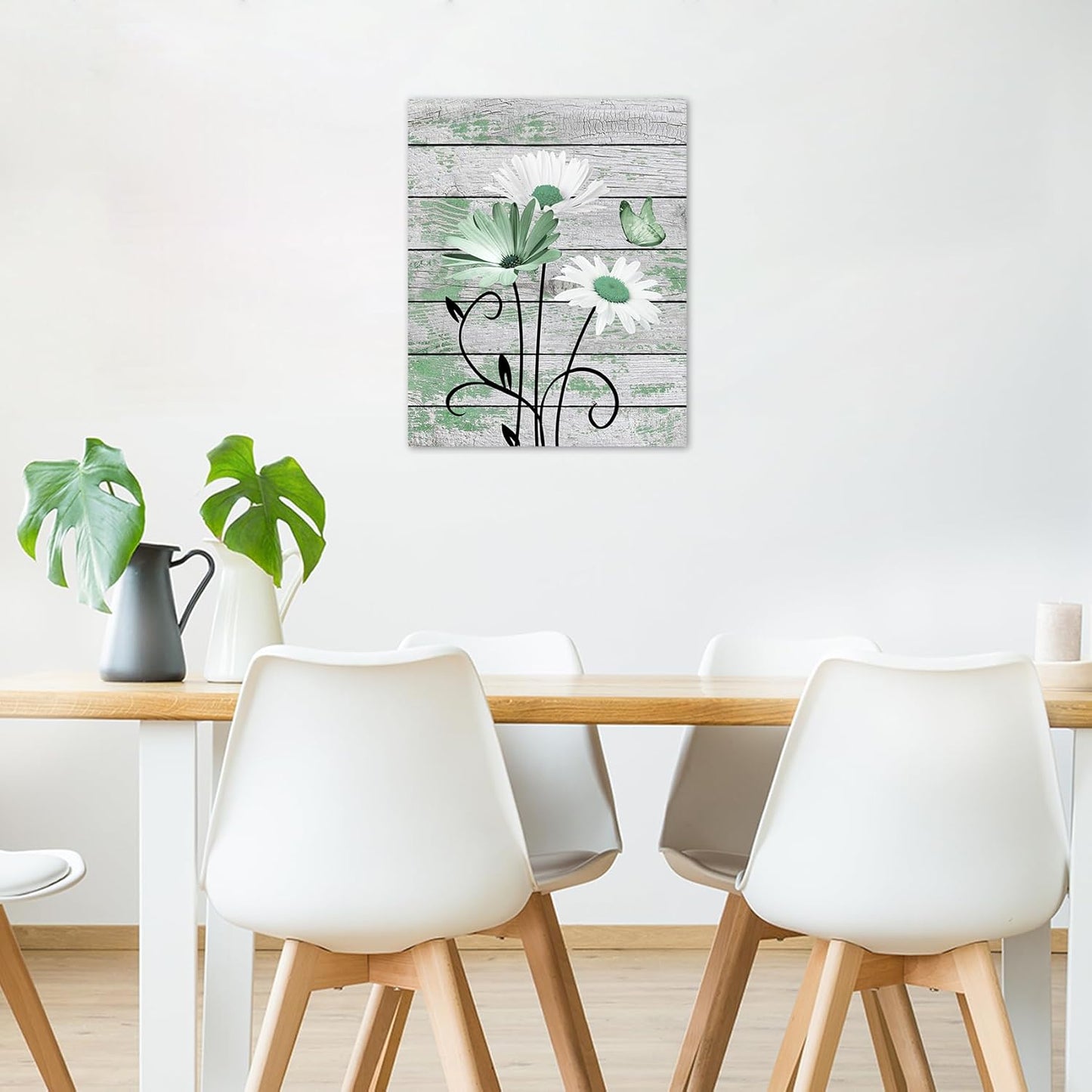 HVEST Farmhouse Floral Wall Art for Living Room, Blue and White Daisy Flower and Butterfly on Rustic Wood Board Canvas Wall Art Framed Artwork Ready to Hang for Bathroom Bedroom Decor, 16L X 12W