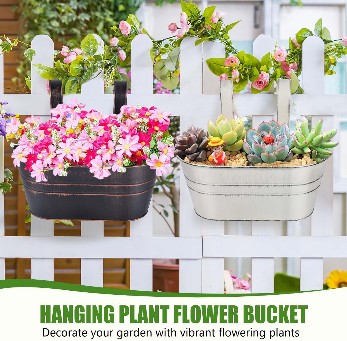 OBTANIM 4 Pack Metal Hanging Flower Pots Iron Railing Planter Outdoor Fence Hanging Pots Bucket Plant Holder with Detachable Hooks Drain Holes for Home Garden Yard Decor (Black)