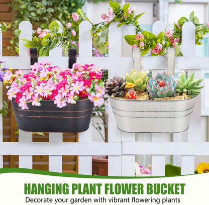 OBTANIM 4 Pack Metal Hanging Flower Pots Iron Railing Planter Outdoor Fence Hanging Pots Bucket Plant Holder with Detachable Hooks Drain Holes for Home Garden Yard Decor (Black)