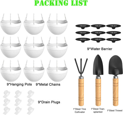 Hanging Planters, Set of 9 White Hanging Pots, 8" Hanging Flower Pots, Plant Pots with Drainage Plugs, Water Barrier and Chains, Come with Free Mini Garden Tools Set