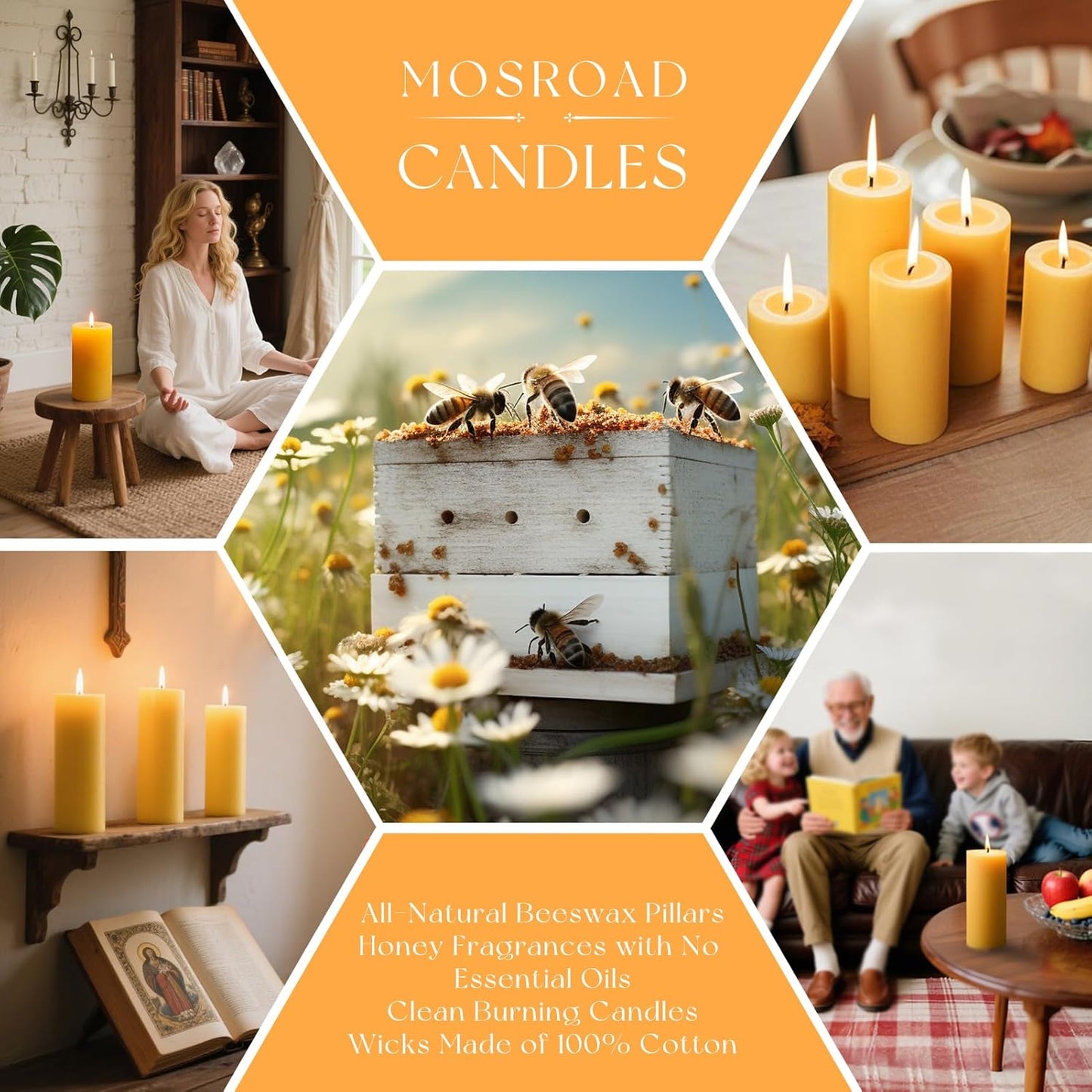 2x5 Inch Beeswax Candles, 4 Packs, 100% Natural Beeswax Pillar Candles, 52 Hours Burn Time, Pure Emergency Candle Long Burning for Home Decor, Gift Sending, Smokeless & Dripless