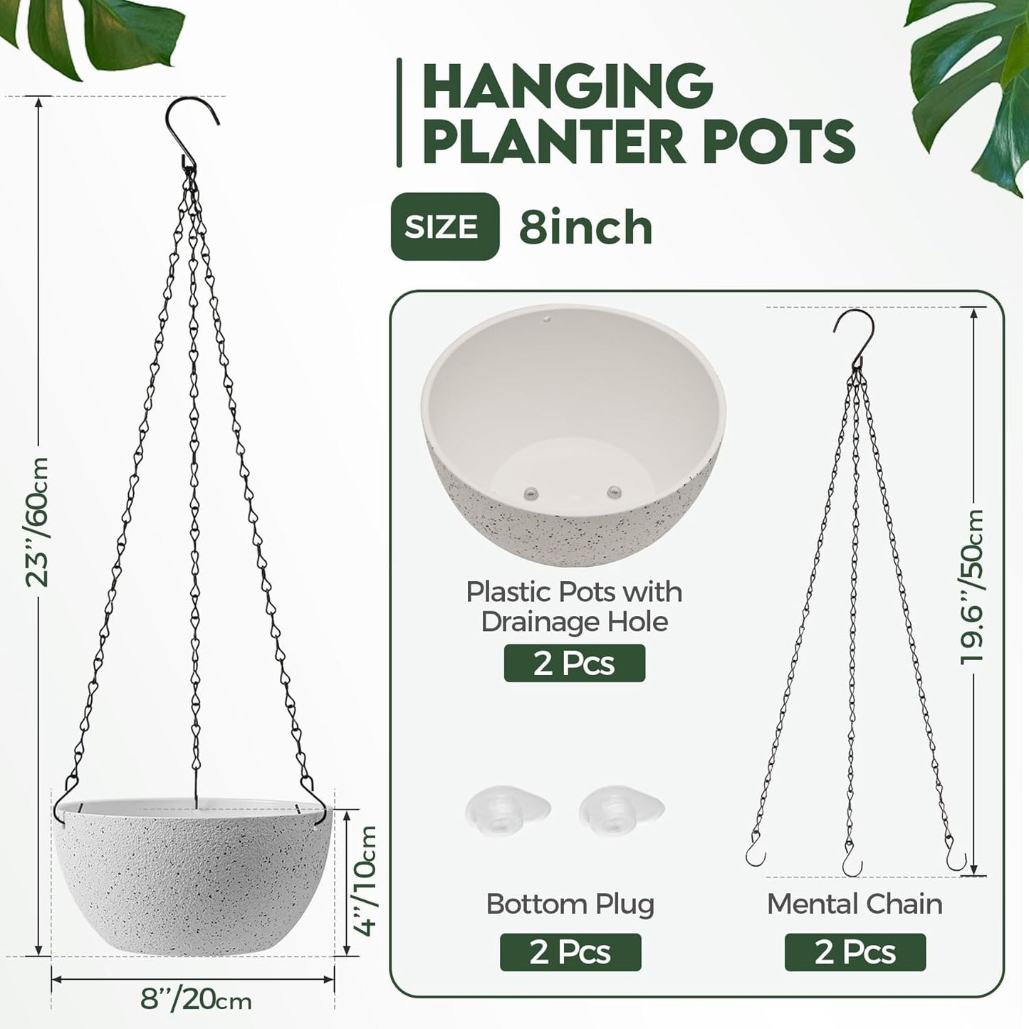 T4U Hanging Planters for Indoor Plants, 10 Inch Hanging Planter Outdoor 2 Pack, Hanging Basket with Drainage Holes, Hanging Plant Holder Indoor, Flower Pots, Plant Pots for Garden, Grey