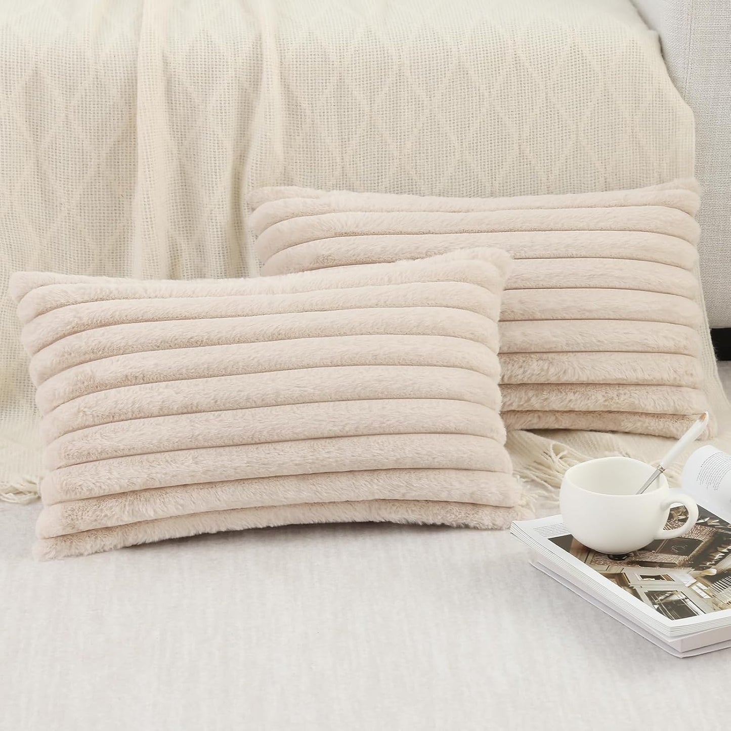 Pallene Faux Fur Plush Throw Pillow Covers 18x18 Set of 2, Luxury Soft Fluffy Striped Decorative Pillow Covers for Sofa, Couch, Living Room, Cream White