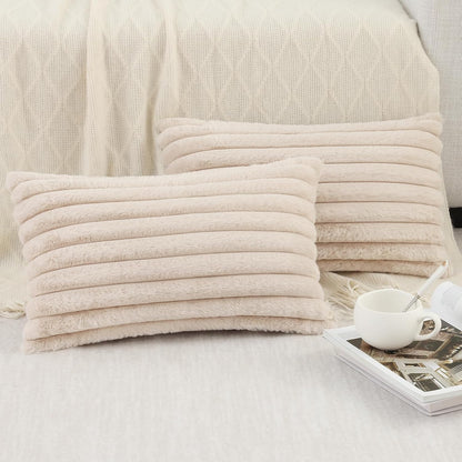 Pallene Faux Fur Plush Throw Pillow Covers 18x18 Set of 2, Luxury Soft Fluffy Striped Decorative Pillow Covers for Sofa, Couch, Living Room, Cream White