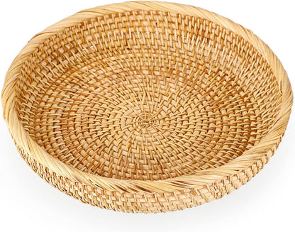 Hipiwe Small Key Basket Bowl for Entryway 7.6" Round Woven Wicker Basket Fruit Serving Tray Woven Basket Wall Decor Rattan Organizer Basket for Keys, Wallet,Whitewash