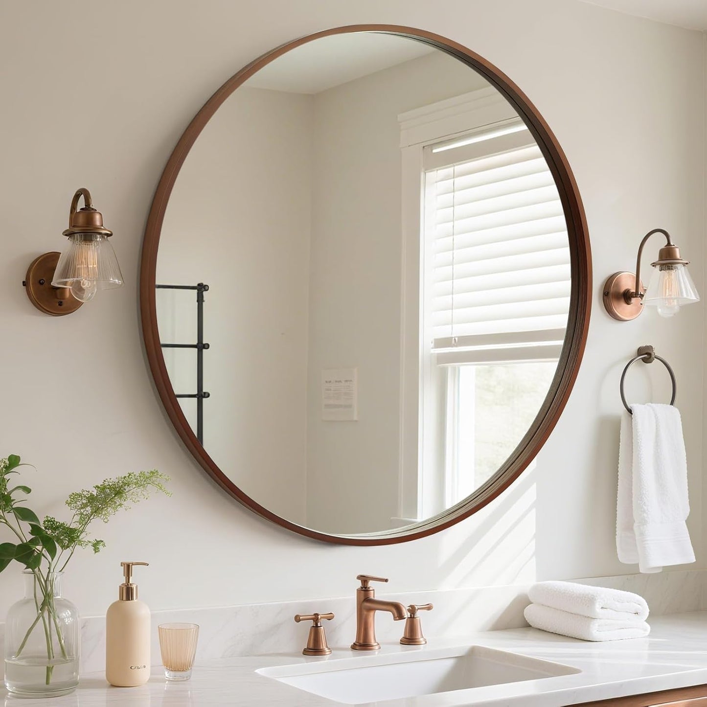 WallBeyond Wood Round Mirror with Wood Frame 24 inch Circle Wall Mirror for Bathroom Round Wall Mirror for Wall Decor, Vanity, Entryway Living Room (Walnut)