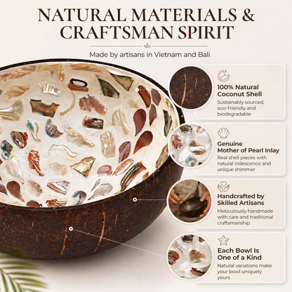 ChezMax Natural Coconut Bowl with Mother of Pearl Inlays - Key Bowl & Fruit Snack Holder (Blue-Gold)
