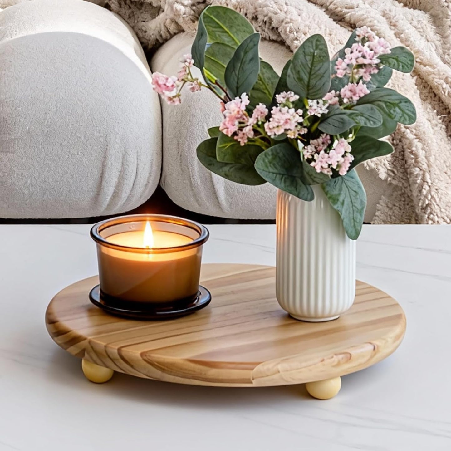 HillSpring Wood Pedestal Stand, 12“ Round Wood Riser for Kitchen Bathroom Counter Organizer, Sturdy Farmhouse Display Tray to Elevate Soap Dispenser, Plants, Vases
