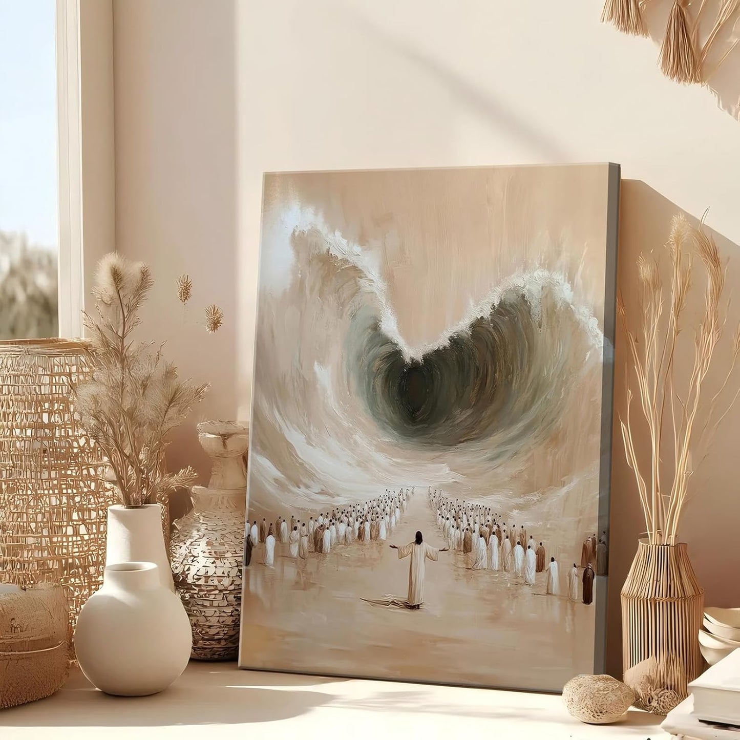 Abstract Jesus Walking on Water Canvas Wall Art Christian Spiritual Wall Decor Pictures Divine Light Modern Religious Posters Prints for Living Room Bedroom Church Decoration 12x16in