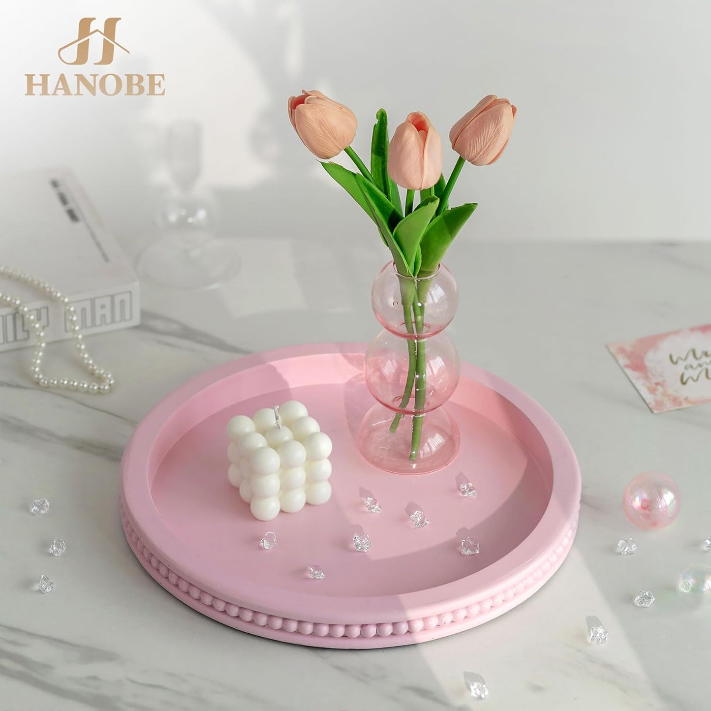 Hanobe Round Wooden Decorative Tray: White Washed Bead Tray Decor for Coffee Table Centerpiece Rustic Farmhouse Tray for Kitchen Counter Living Room Decoration