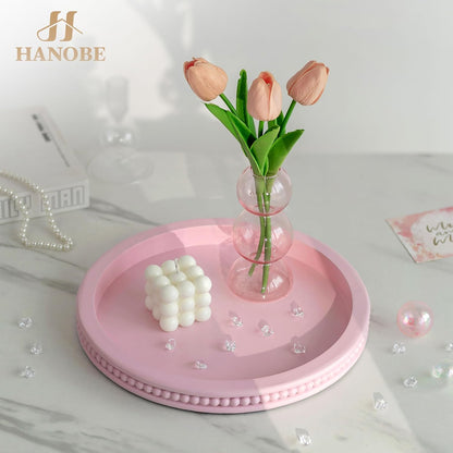 Hanobe Round Wooden Decorative Tray: White Washed Bead Tray Decor for Coffee Table Centerpiece Rustic Farmhouse Tray for Kitchen Counter Living Room Decoration