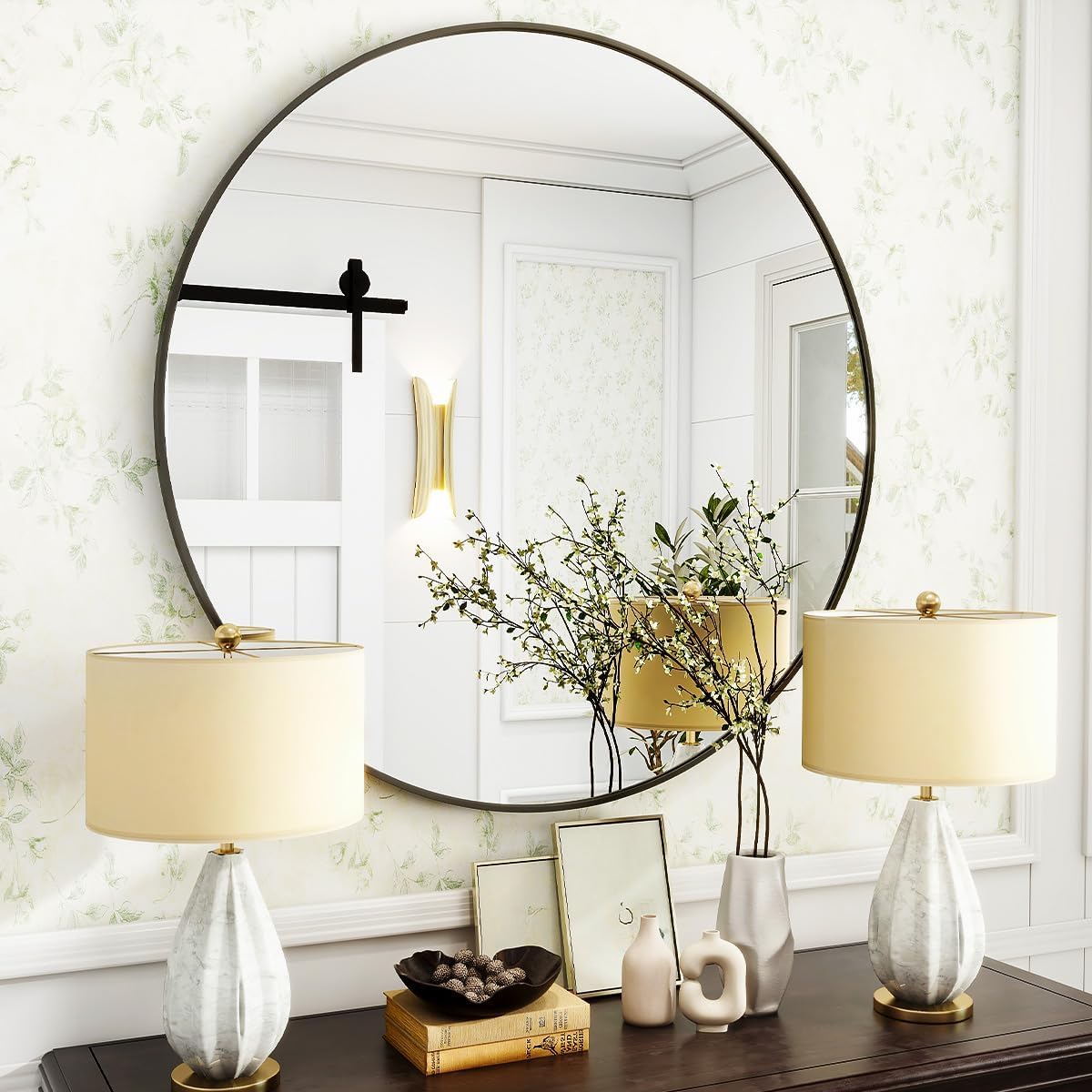 VooBang Large Black Round Bathroom Mirror, 48 inch Circle Wall Mounted Hanging Mirror with Simple Modern Circular Metal Frame for Hallway, Entryway, Living Room, Black Frame