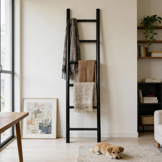 Wooden Blanket Ladder - 57in Natural Wood Color- Leaning Wall Decor for Bedroom, Bathroom, Living Room - Rustic Quilt Holder (Natural Wood Color (Knock Down), 57in | Knock Down)