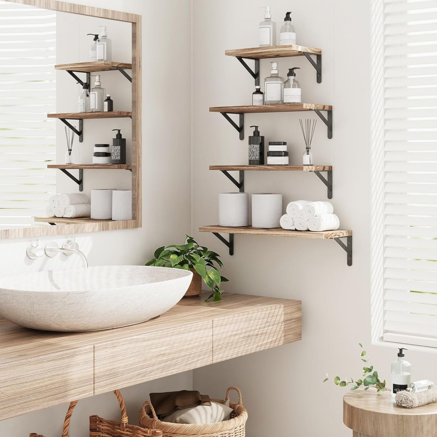 YGEOMER Floating Shelves for Wall, Different Sizes Dark Carbonized Brown Wall Shelves for Living Room, Bathroom, Bedroom, Kitchen, Home Decor (Set of 4)
