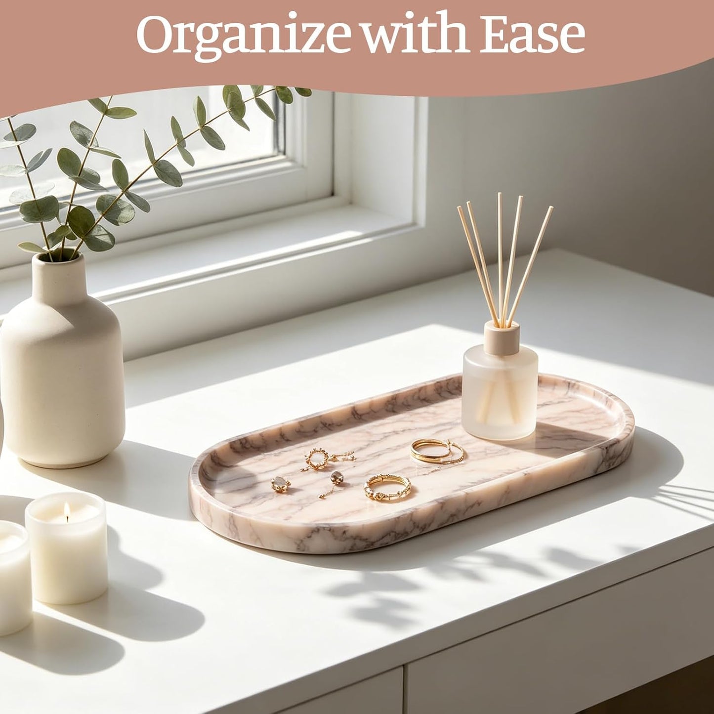 Koville Italian Travertine Tray, 12"x6" Vanity Decorative Marble Tray for Countertop, Catchall Tray for Perfume, Candles, Jewelry Dish Tray