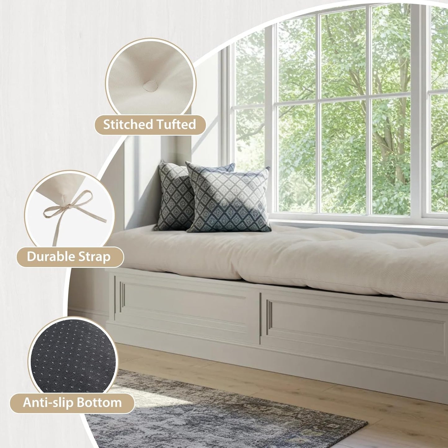 42 Inch Bench Cushions for Indoor Furniture, Super Soft Rectangle Bench seat Cushion Pad with Non-Slip Bottom, Waterproof Bench Pad for Window Porch(Beige, 42x16x4.5 Inch)