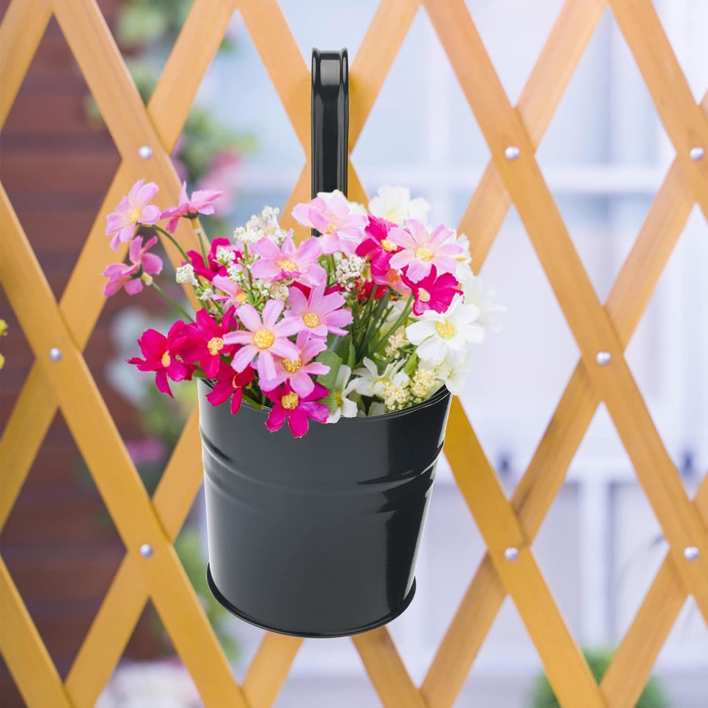 KINGLAKE Flower Pots,10 Pcs Metal Iron Hanging Flower Plant Pots Balcony Garden Plant Planter Baskets Fence Bucket Pot 4'' Flower Holders with Detachable Hook