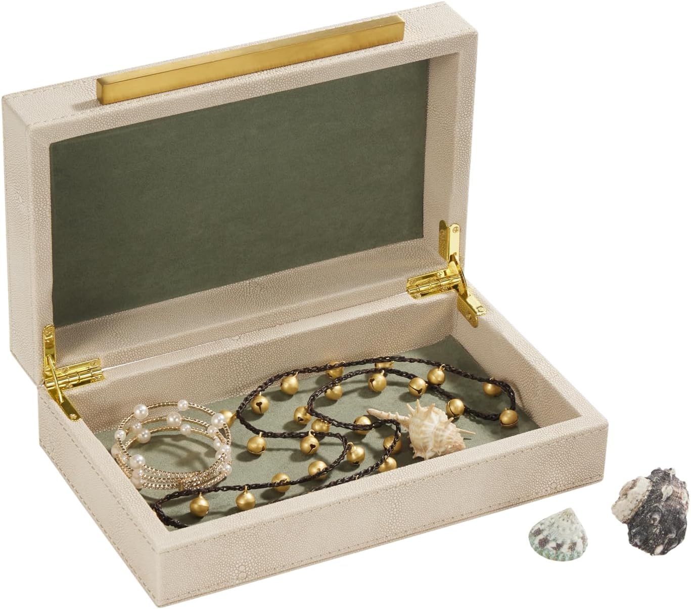 Sagala Set of 2 Ivory Shagreen Decorative Boxes With Brushed Gold Metal Handles, Faux Leather Jewelry Boxes Modern Storages Photo Memory Boxes Home Organizer Boxes (Ivory-Gold, 2pack)