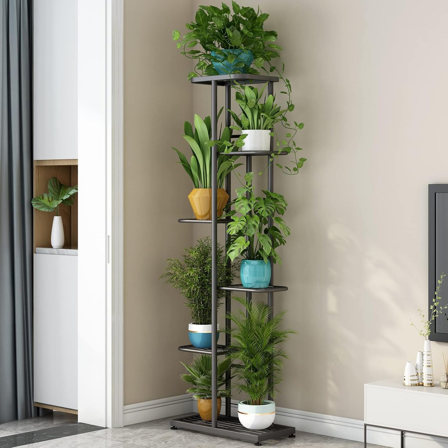 LINZINAR Plant Stand Indoor Outdoor Corner 4 Tier Metal Plant Shelf Patio Plant Rack for Garden Corner Balcony Living Room