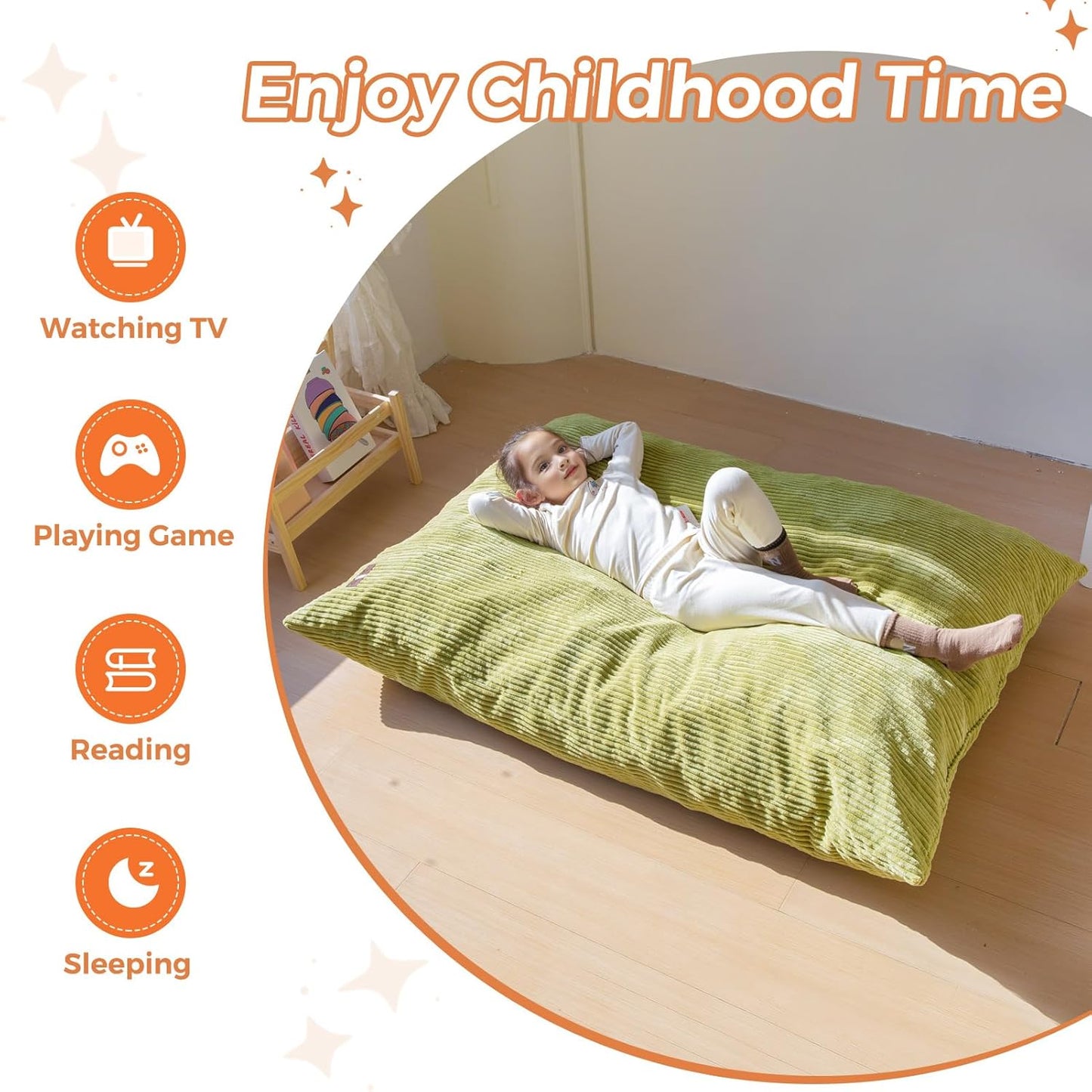 MAXYOYO 3 in 1 Kids Bean Bag Chair Couch, Convertible Chair Folds from Bean Bag to Lounger, Child Floor Sofa for Gaming, Reading, Floor Mattress with High-Density Foam Filling