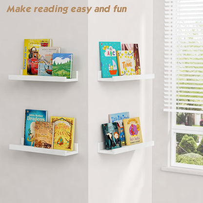 Forbena 36 Inch Floating Shelves for Wall 4-Pack, Large Nursery Book Shelves Bookshelf for Kids Bedroom, Long Picture Ledge Shelf with Lip for Living Room Photo Frames Art Display (White Solid Wood)