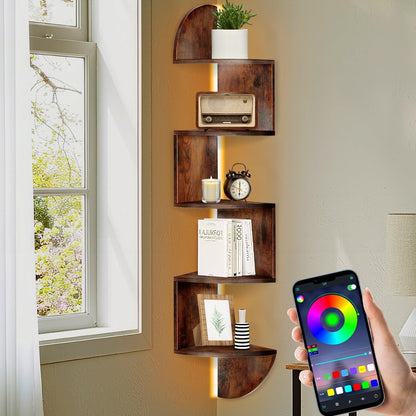 Corner Shelf Wall Mounted, 5 Tier Corner Bookshelf with Light, Corner Floating Shelves Display Shelf Stand for Bedroom, Bathroom, Living Room, Kitchen, Home, Office (Black)