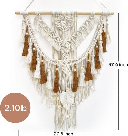 Lokeisna Macrame Wall Hanging, Woven Tapestry Beige & Dusty Rose Handmade Craft Macrame Wall Decor, Gallery & Nursery, Size 37.4” Lx27.5” W