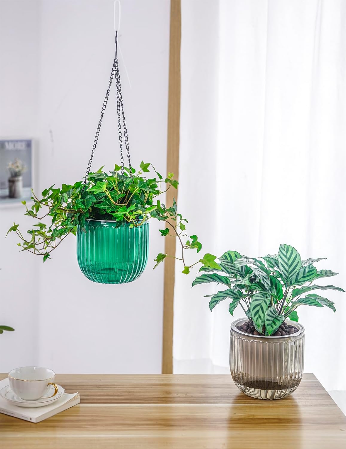 Melphoe 2 Pack Self Watering Hanging Planters Indoor Flower Pots, 6.5 Inch Outdoor Hanging Basket, Plant Hanger with 3Hooks Drainage Holes for Garden Home (Emerald)