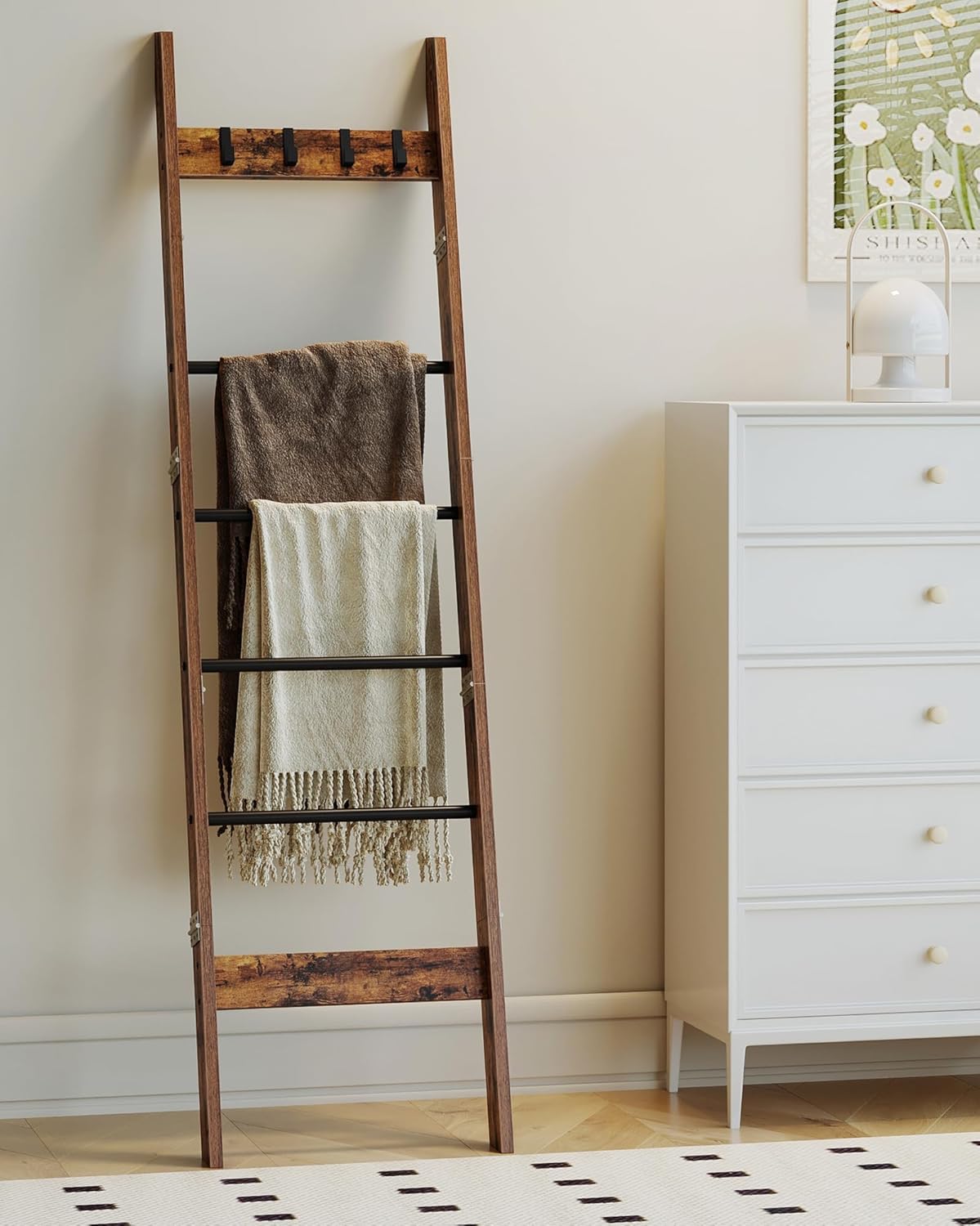 Hzuaneri Blanket Ladder for Living Room, Decorative Quilt Rack with 4 Removable Hooks, 5-Tier Farmhouse Ladder Holder Shelf Organizer for Bedroom, Rustic Brown and Black 02101BBR