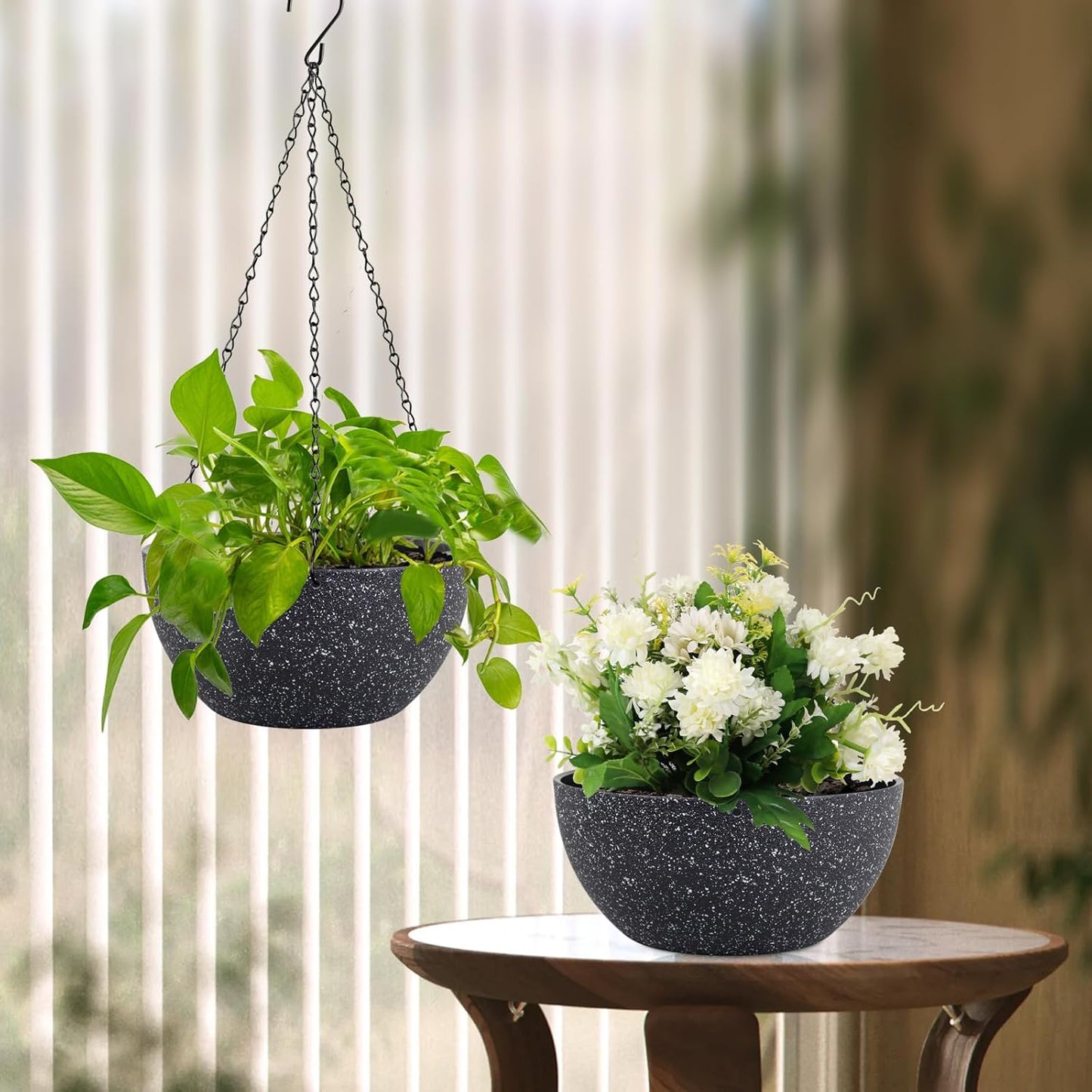 Meowell 10 inch Hanging Planters for Indoor Outdoor Plants, 2 Pack Hanging Flower Pots with Drainage Holes and Chain for Garden Porch, Plastic Hanging Baskets for House Plants, Speckled Grey