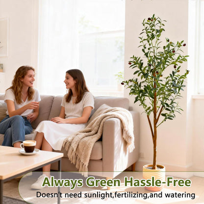 6FT Artificial Olive Tree Indoor, Tall Faux Olive Tree with Pot&Basket, Large Fake Olive Tree with Realistic 1080 Silk Leaves and 60 Fruits for Living Room Home Office Decor.