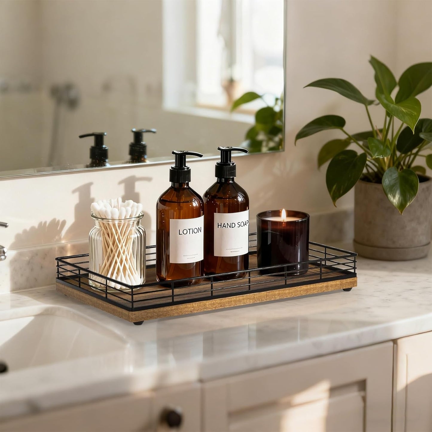 Bathroom Vanity Tray for Countertop, 12" x 6" Acacia Wood Toilet Tank Tray with Metal Guardrail, Bathroom Organizer for Soap, Perfume & Skincare, Non-Slip Decorative Tray for Dresser, Black & Acacia