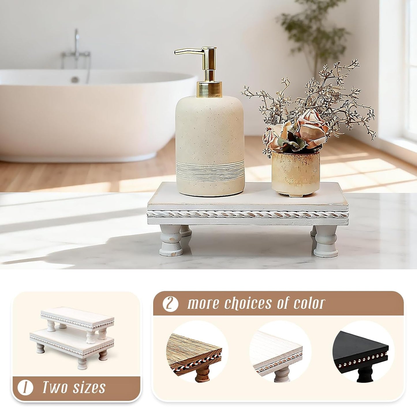 Wood Tray Pedestal Stand, Waterproof Bathroom Counter Organizer, Modern Farmhouse Riser for Soap/Candle/Sponge White Small