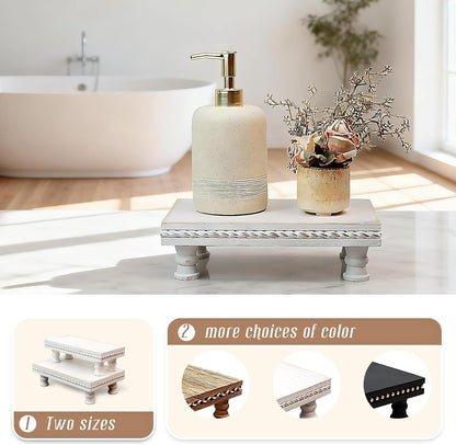 Wood Tray Pedestal Stand, Waterproof Bathroom Counter Organizer, Modern Farmhouse Riser for Soap/Candle/Sponge White Small