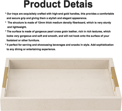 Beige Faux Leather Serving Tray with Handles – Large Decorative Tray for Coffee Table, Ottoman, Living Room, Bathroom – Home Decor