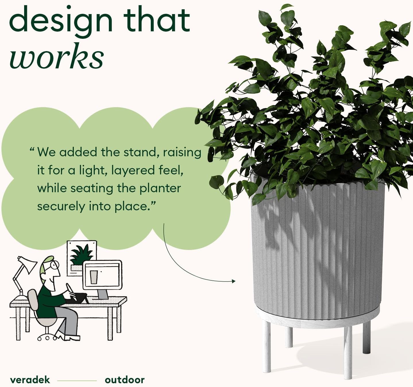 Veradek Demi Series Round Planter w/ Stand for Porch/Patio | Durable Plastic-Concrete & Wooden Stand | Modern Décor for Tall Plants, Flowers