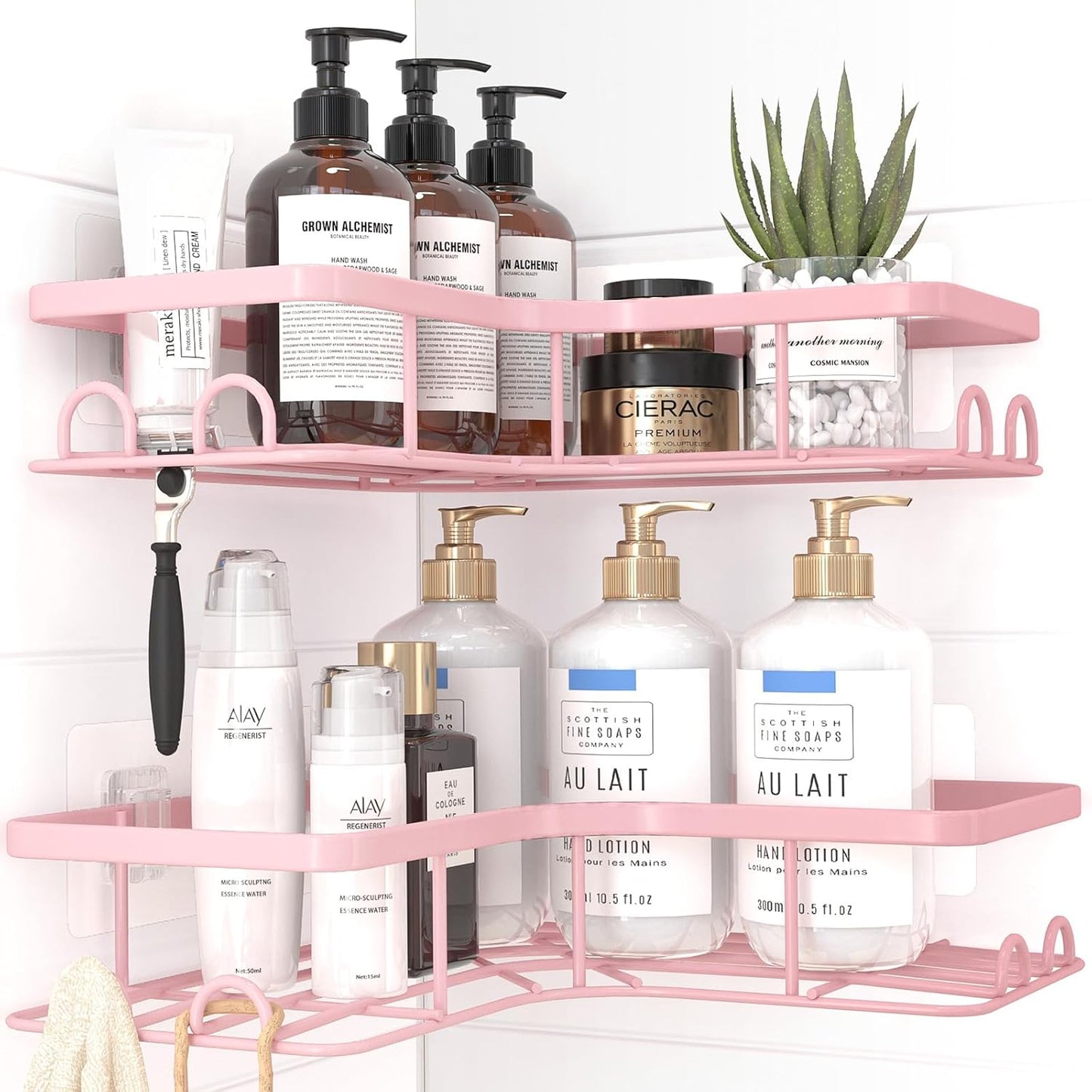 Sakugi Corner Shower Caddy - 2 Pack, Adhesive Shower Organizers, Rustproof Stainless Steel Shower Shelves with 8 Hooks, No Drilling Bathroom Organizers and Storage Racks, Space-Saving, Black, Medium