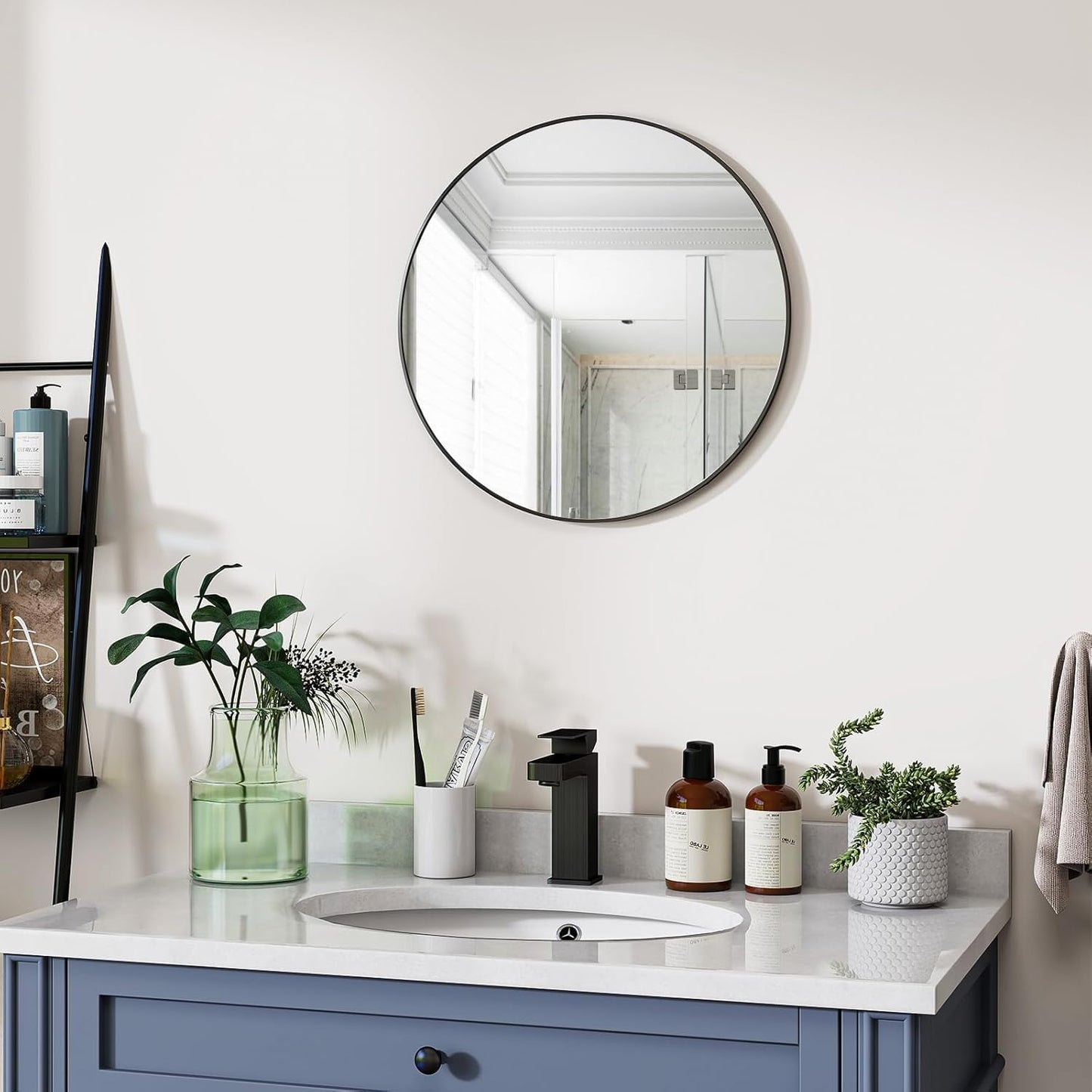 VooBang Large Black Round Bathroom Mirror, 48 inch Circle Wall Mounted Hanging Mirror with Simple Modern Circular Metal Frame for Hallway, Entryway, Living Room, Black Frame