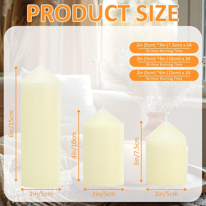 18 Pcs Ivory Pillar Candles Bulk Set，3 Different Lengths 2 x 3/4/6 Inch (6 Each)，Hurricane Candles，Dripless Unscented Smokeless，Gives You a Better Atmosphere When Organizing an Event Party.
