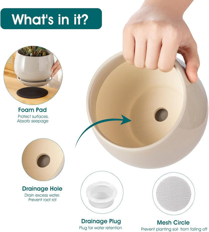 vancasso 3-Pack Ceramic Plant Pots, 3.7/4.8/6.2 Inch Indoor Planters with Saucers & Drainage Hole Planter pots for Indoor Plants and Flower, White