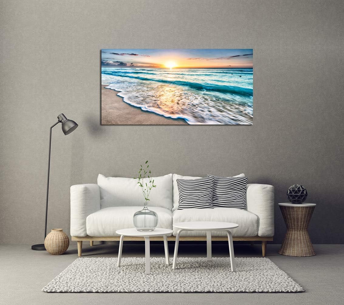Baisuart S02250 Canvas Prints Wall Art Beach Sunset Ocean Waves Nature Pictures Stretched Canvas Wooden Framed for living Room Bedroom and Office
