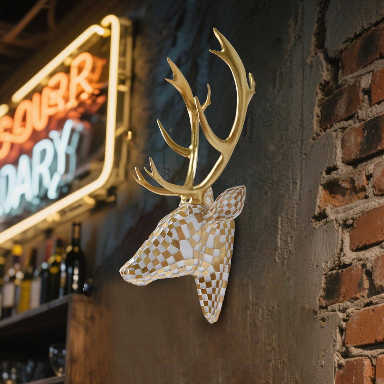 GIGICICI Mosaic Deer Head Wall Decor 15.7x8.7 Inch, Artistic Faux Resin Animal Head Wall Sculpture Hanging for Living Room Bedroom Kitchen Office, Black-White Gift