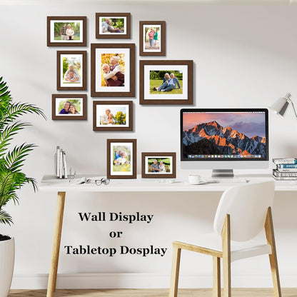 Povrgive Picture Frames, Made of Real Glass and Wooden Frame, Gallery Photo Frames Set of 10 for Collage Wall Decor, Multi Sizes Including 8x10, 5x7, 4x6 for Mounting or Tabletop Display, Wood