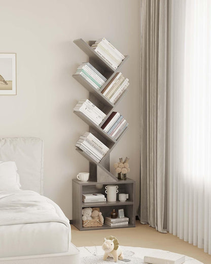 SUNMORY 6 Tier Tree Bookshelf, Small Bookcase with Storage Cabinet, Modern Tall Narrow Bookshelves Organizer, Floor Standing Book Shelf for Bedroom/Living Room/Home Office/Corner, Rustic Brown
