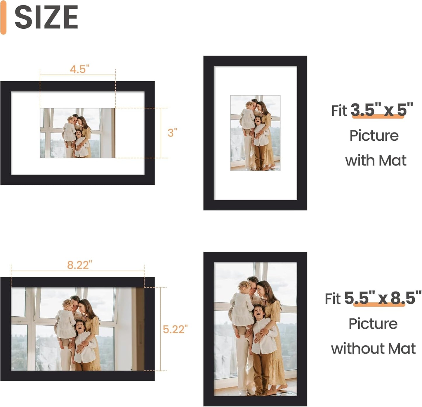 upsimples 8x10 Picture Frame, Display Pictures 5x7 with Mat or 8x10 Without Mat, Wall Hanging Photo Frame, Black, 1 Pack - Colors B