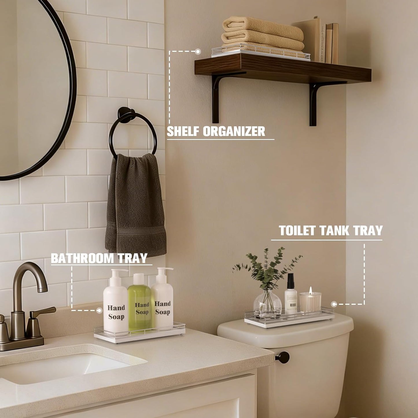 Bathroom Vanity Tray for Countertop, 12" x 6" Acacia Wood Toilet Tank Tray with Metal Guardrail, Bathroom Organizer for Soap, Perfume & Skincare, Non-Slip Decorative Tray for Dresser, Black & Acacia