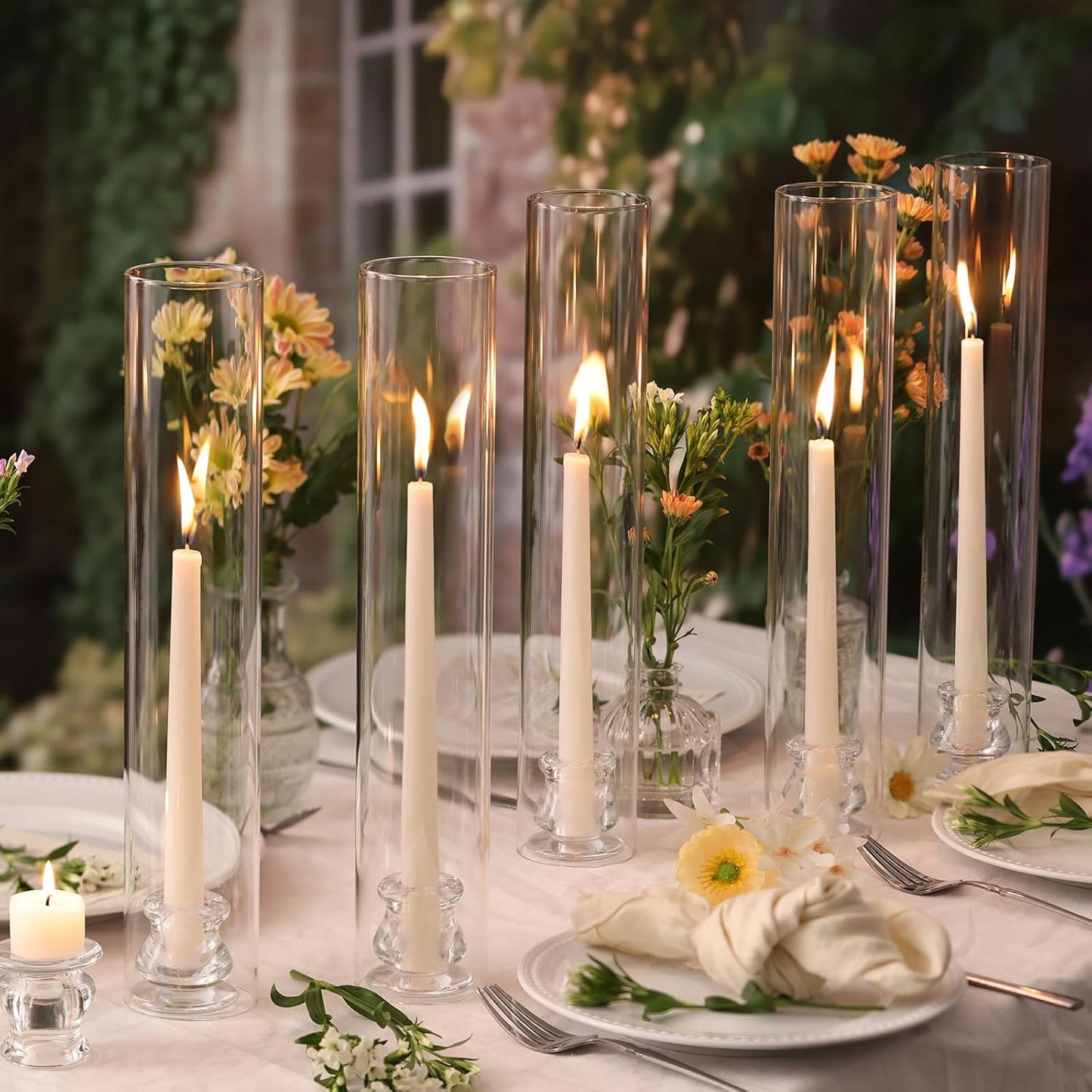 Volens Hurricane Glass Candle Holders - Set of 6 Candlestick Holders for Taper Candles with Windproof Cylinder Covers 14" Tall Clear Glass Chimney Cover for Wedding Table Centerpiece Home Decor